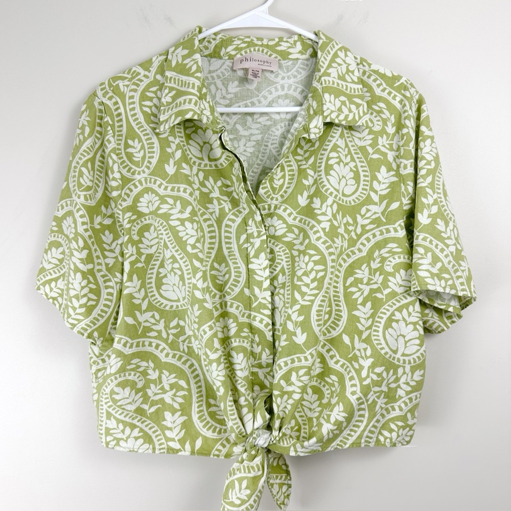 Philosophy Linen Tie Front Crop Top XLarge Green Floral Paisley Button Down